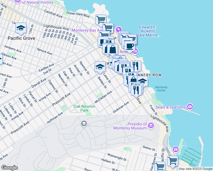 map of restaurants, bars, coffee shops, grocery stores, and more near 557 Laine Street in Monterey