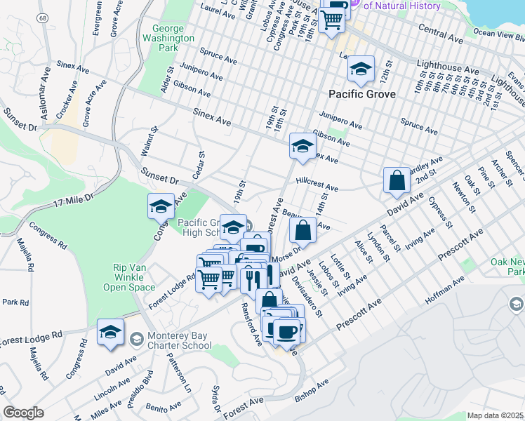 map of restaurants, bars, coffee shops, grocery stores, and more near 920 Petra Lane in Pacific Grove
