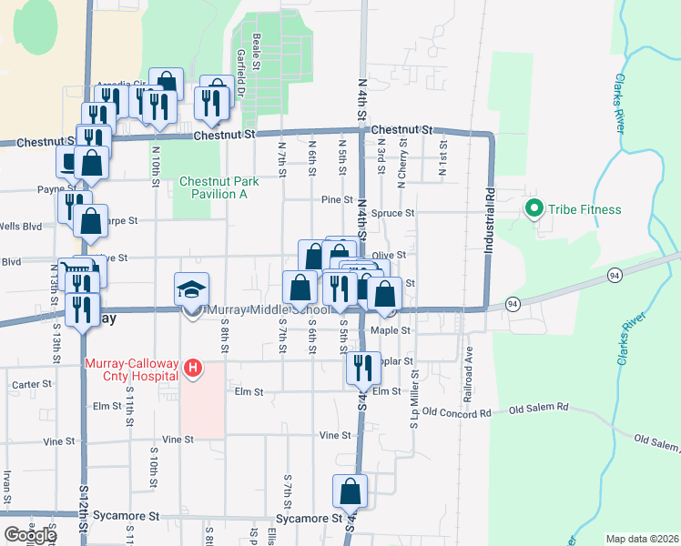 map of restaurants, bars, coffee shops, grocery stores, and more near 512 North 5th Street in Murray