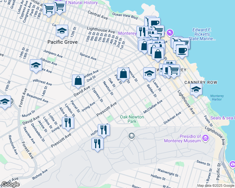 map of restaurants, bars, coffee shops, grocery stores, and more near 753 Oak Street in Monterey