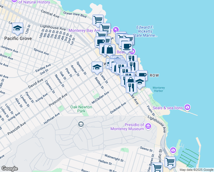 map of restaurants, bars, coffee shops, grocery stores, and more near 557 Laine Street in Monterey