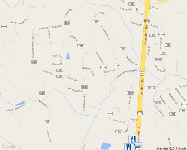 map of restaurants, bars, coffee shops, grocery stores, and more near 198 Derbyshire Lane in Martinsville