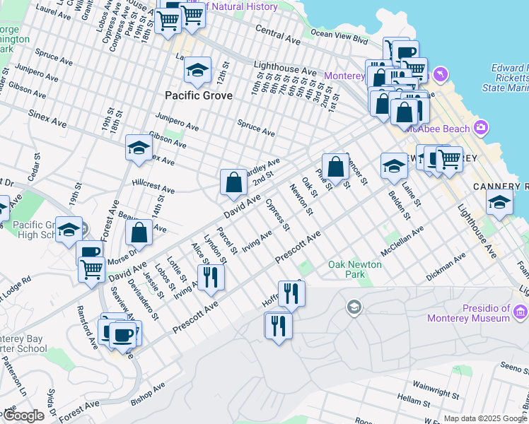 map of restaurants, bars, coffee shops, grocery stores, and more near 866 Filmore St in Monterey