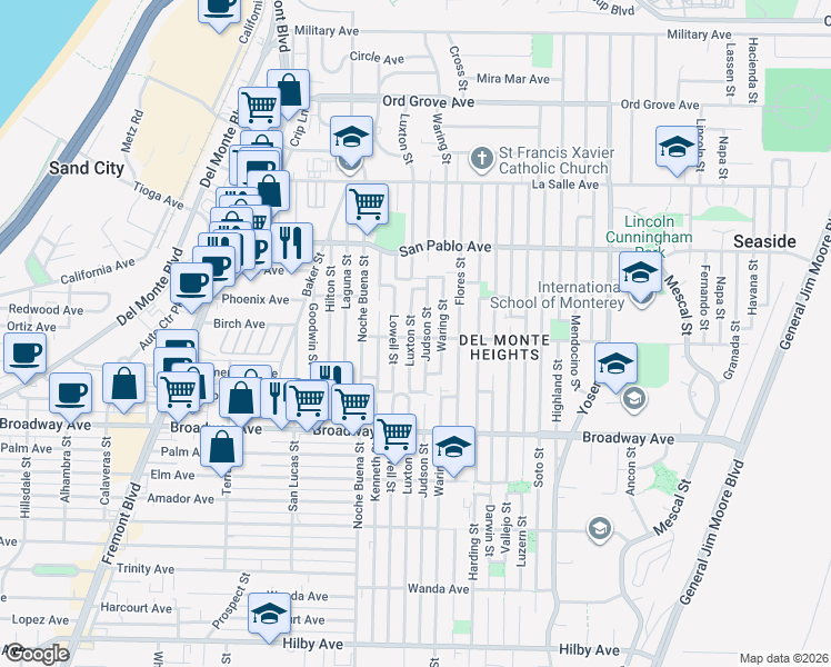 map of restaurants, bars, coffee shops, grocery stores, and more near 1700 Luxton Street in Seaside