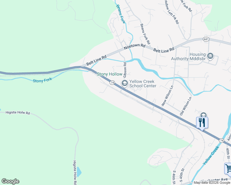 map of restaurants, bars, coffee shops, grocery stores, and more near 365 Upper Christy Road in Middlesboro