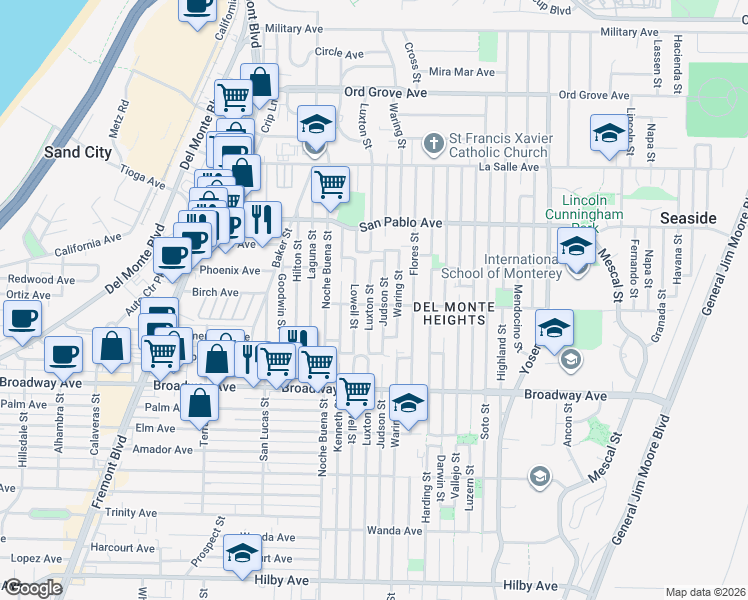 map of restaurants, bars, coffee shops, grocery stores, and more near 1700 Luxton Street in Seaside