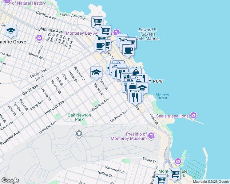 map of restaurants, bars, coffee shops, grocery stores, and more near 509 Hawthorne Street in Monterey