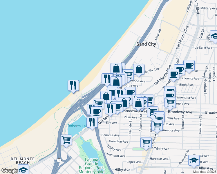 map of restaurants, bars, coffee shops, grocery stores, and more near 325 Elder Avenue in Sand City