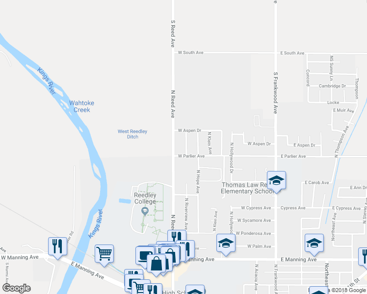 map of restaurants, bars, coffee shops, grocery stores, and more near 1761 North Riverview Avenue in Reedley