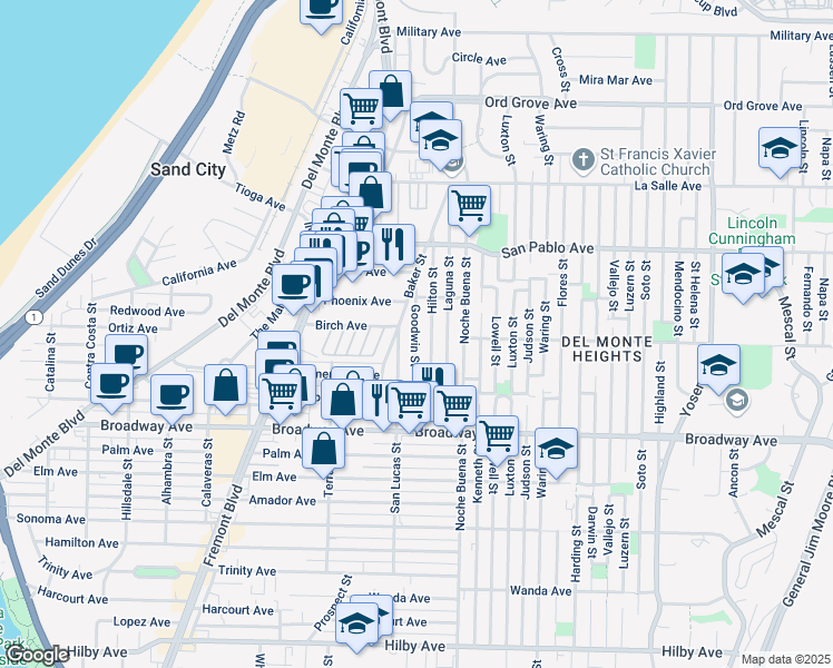 map of restaurants, bars, coffee shops, grocery stores, and more near 1701 Hilton Street in Seaside