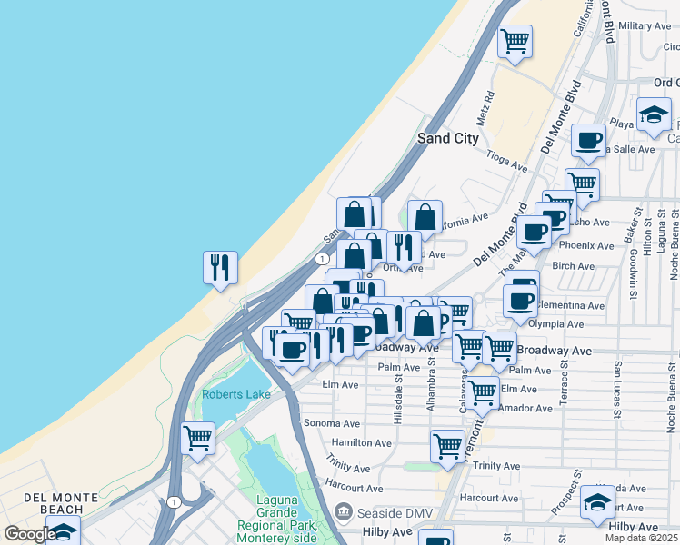 map of restaurants, bars, coffee shops, grocery stores, and more near 325 Elder Avenue in Seaside