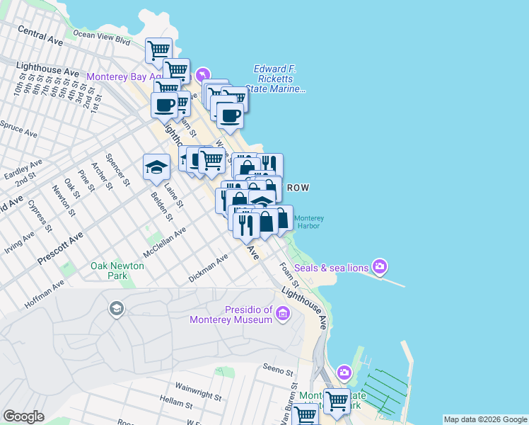 map of restaurants, bars, coffee shops, grocery stores, and more near 400 Cannery Row in Monterey