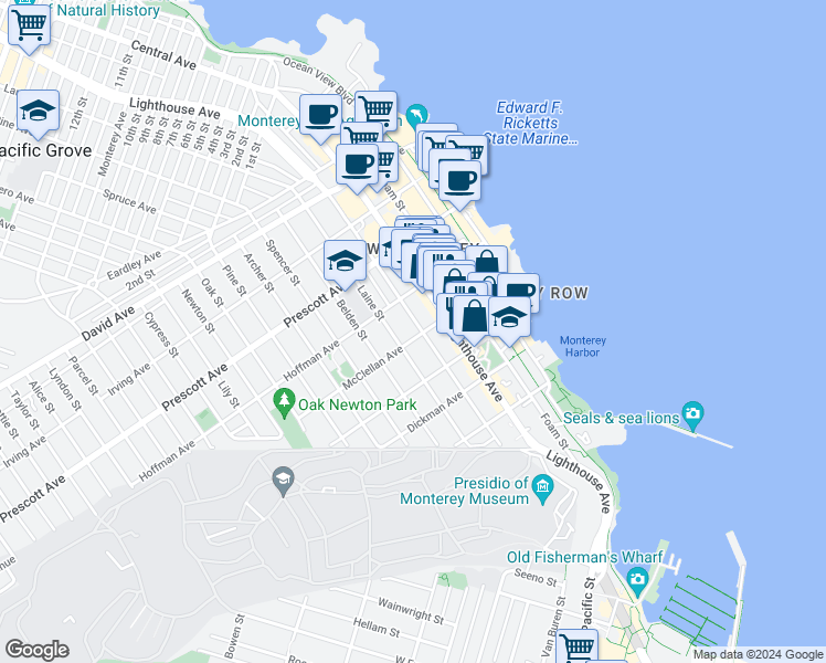 map of restaurants, bars, coffee shops, grocery stores, and more near 509 Hawthorne Street in Monterey