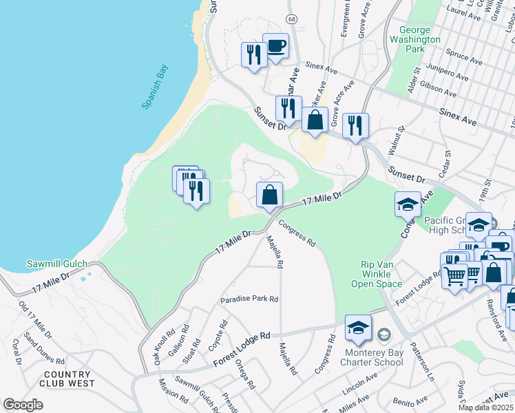 map of restaurants, bars, coffee shops, grocery stores, and more near 64 Spanish Bay Circle in Del Monte Forest