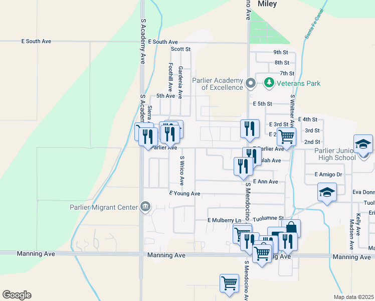 map of restaurants, bars, coffee shops, grocery stores, and more near 13195 East Parlier Avenue in Parlier