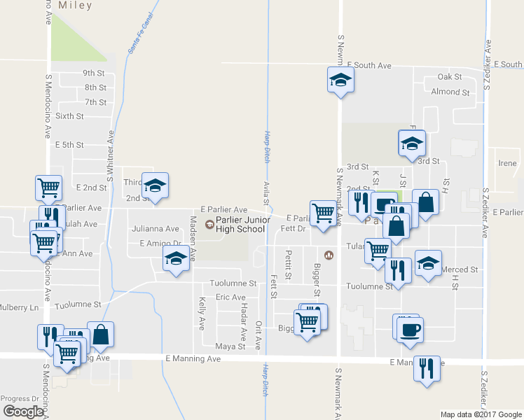 map of restaurants, bars, coffee shops, grocery stores, and more near 13705 East Parlier Avenue in Parlier