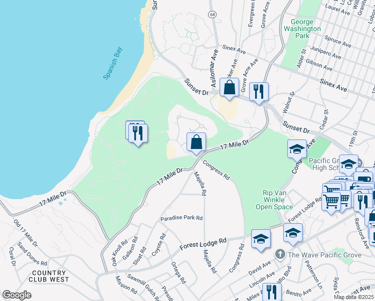 map of restaurants, bars, coffee shops, grocery stores, and more near 64 Spanish Bay Circle in Del Monte Forest