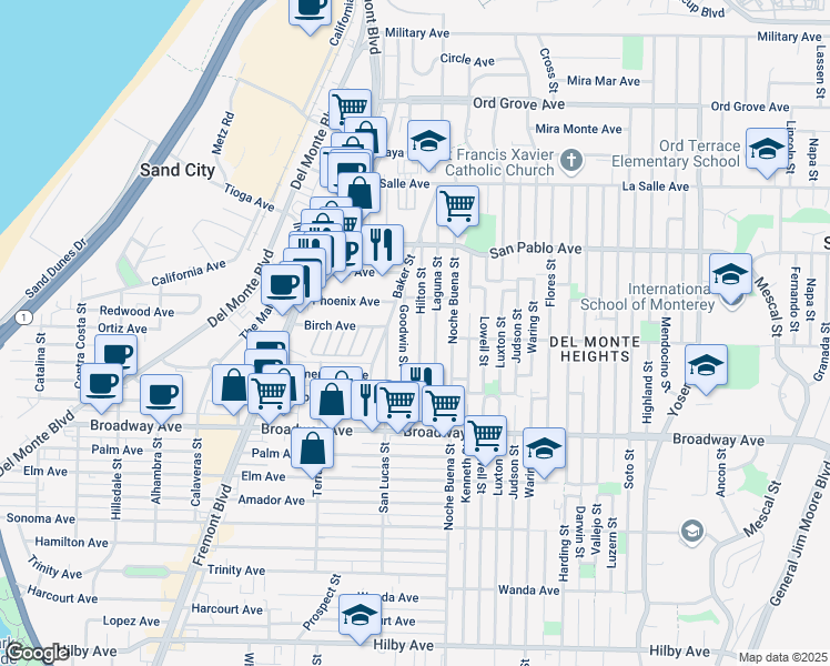map of restaurants, bars, coffee shops, grocery stores, and more near 1703 Hilton Street in Seaside