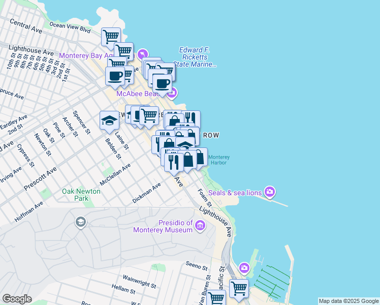 map of restaurants, bars, coffee shops, grocery stores, and more near 400 Cannery Row in Monterey