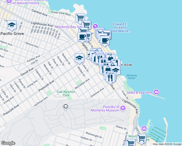 map of restaurants, bars, coffee shops, grocery stores, and more near 509 Hawthorne Street in Monterey