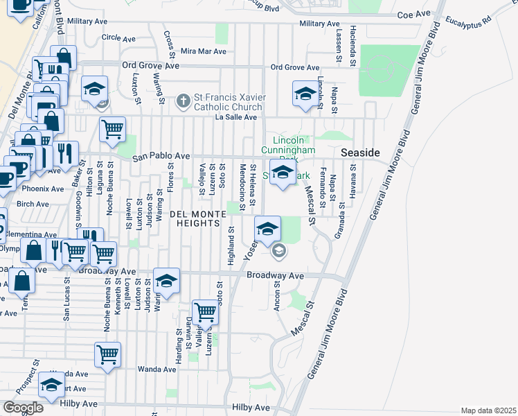 map of restaurants, bars, coffee shops, grocery stores, and more near 1711 Yosemite Street in Seaside