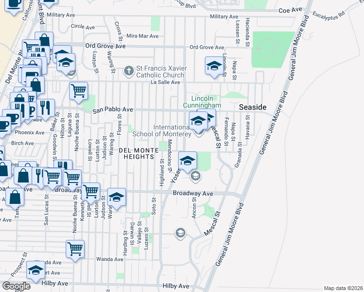 map of restaurants, bars, coffee shops, grocery stores, and more near 1705 Yosemite Street in Seaside
