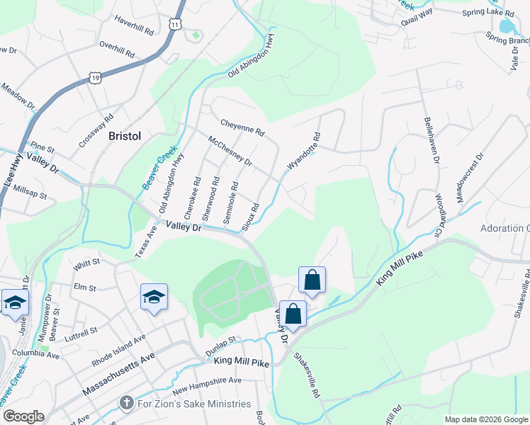 map of restaurants, bars, coffee shops, grocery stores, and more near 239 Sioux Road in Bristol