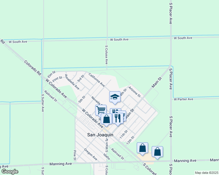 map of restaurants, bars, coffee shops, grocery stores, and more near 22150 California Avenue in San Joaquin