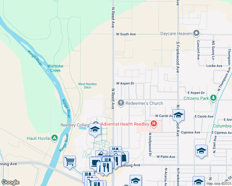map of restaurants, bars, coffee shops, grocery stores, and more near 1761 North Riverview Avenue in Reedley