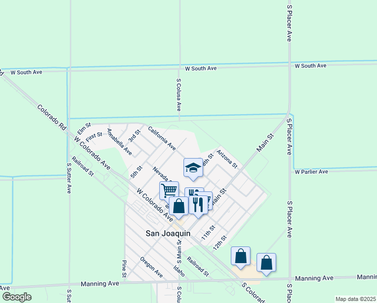map of restaurants, bars, coffee shops, grocery stores, and more near 22150 California Avenue in San Joaquin