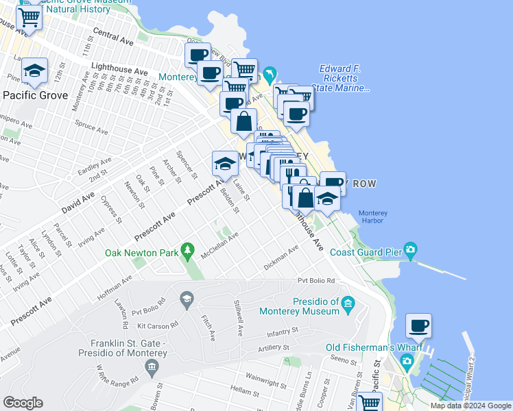 map of restaurants, bars, coffee shops, grocery stores, and more near 557 Laine Street in Monterey