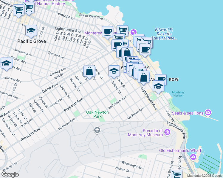 map of restaurants, bars, coffee shops, grocery stores, and more near 600 Spencer Street in Monterey