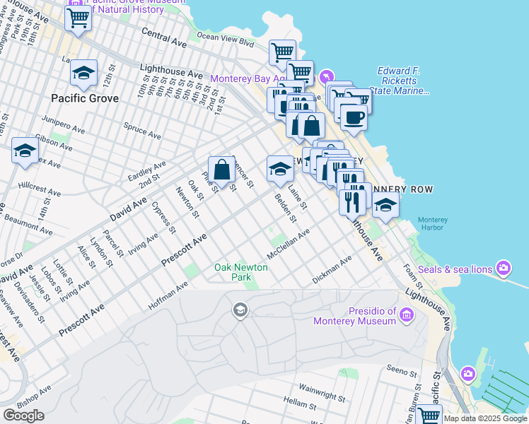 map of restaurants, bars, coffee shops, grocery stores, and more near 600 Spencer Street in Monterey