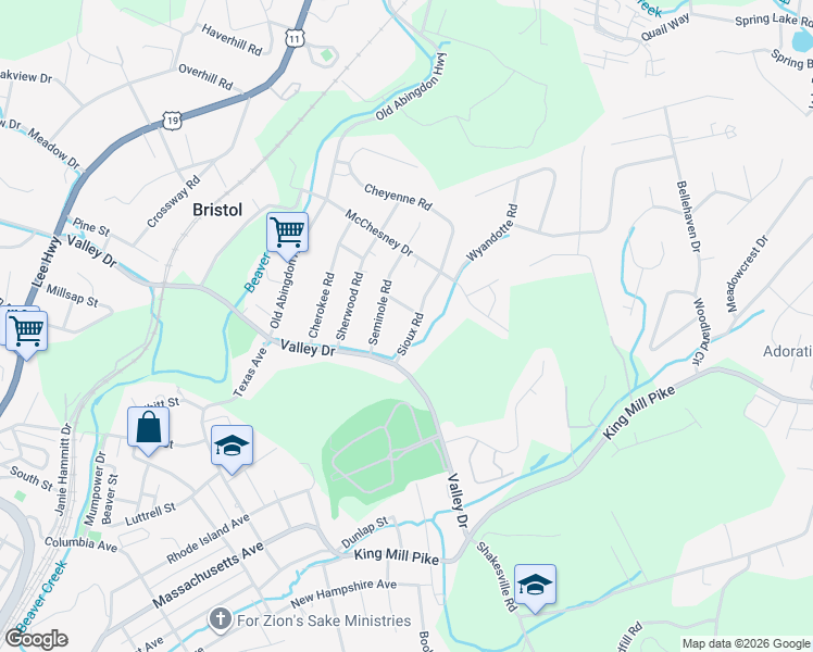 map of restaurants, bars, coffee shops, grocery stores, and more near 239-299 Sioux Road in Bristol