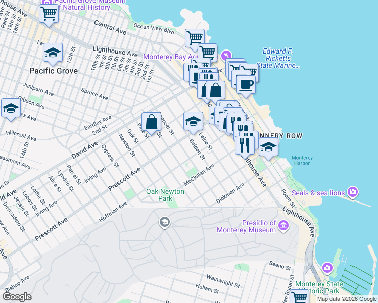map of restaurants, bars, coffee shops, grocery stores, and more near 600 Spencer Street in Monterey