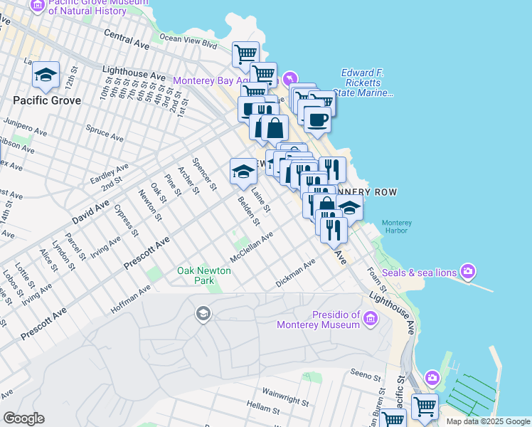 map of restaurants, bars, coffee shops, grocery stores, and more near 585 Laine Street in Monterey