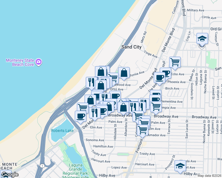 map of restaurants, bars, coffee shops, grocery stores, and more near 567 Ortiz Avenue in Sand City