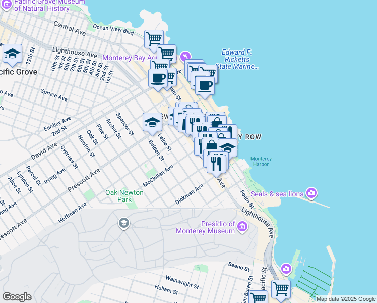 map of restaurants, bars, coffee shops, grocery stores, and more near 509 Hawthorne Street in Monterey
