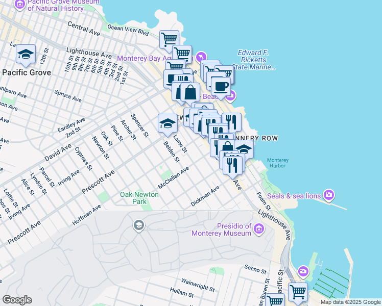 map of restaurants, bars, coffee shops, grocery stores, and more near 557 Laine Street in Monterey