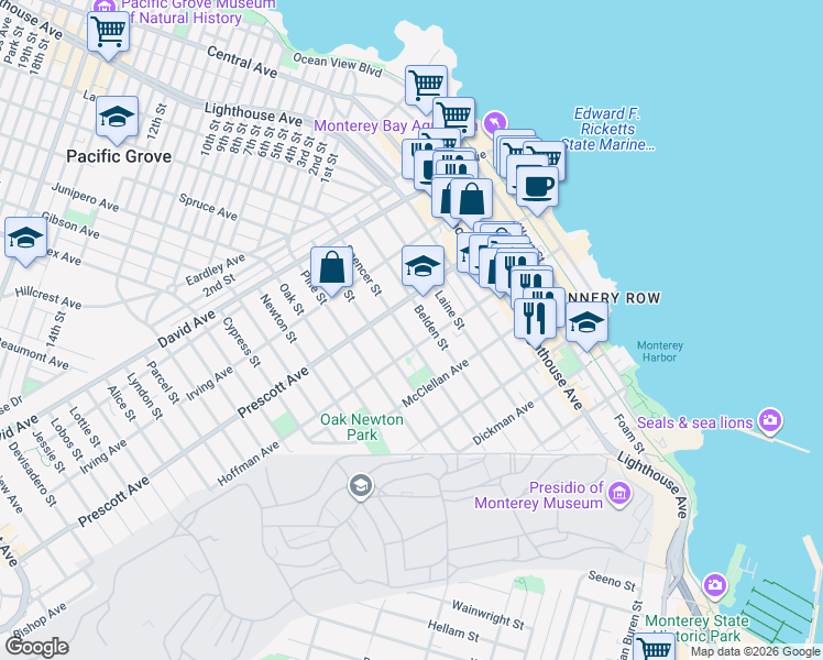 map of restaurants, bars, coffee shops, grocery stores, and more near 600 Spencer Street in Monterey