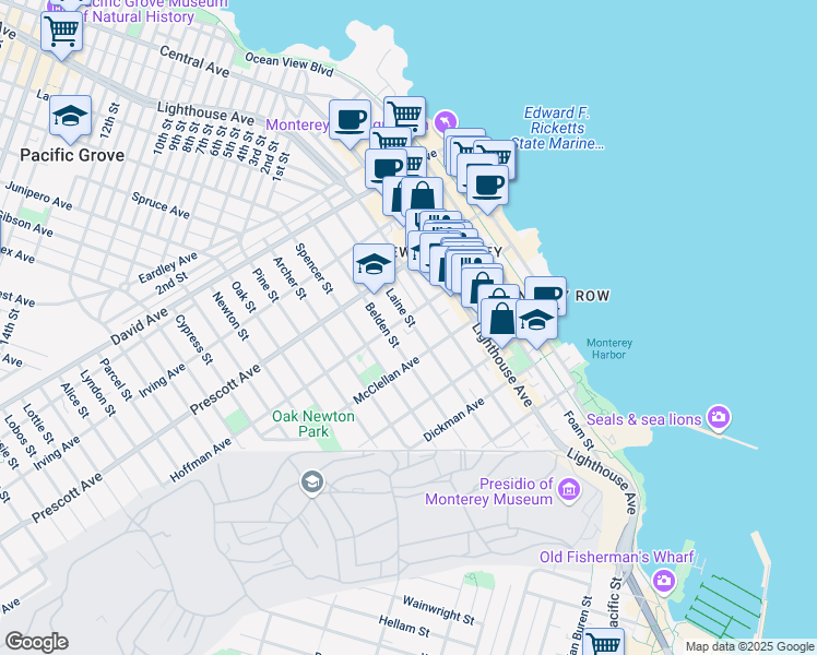 map of restaurants, bars, coffee shops, grocery stores, and more near 585 Laine Street in Monterey