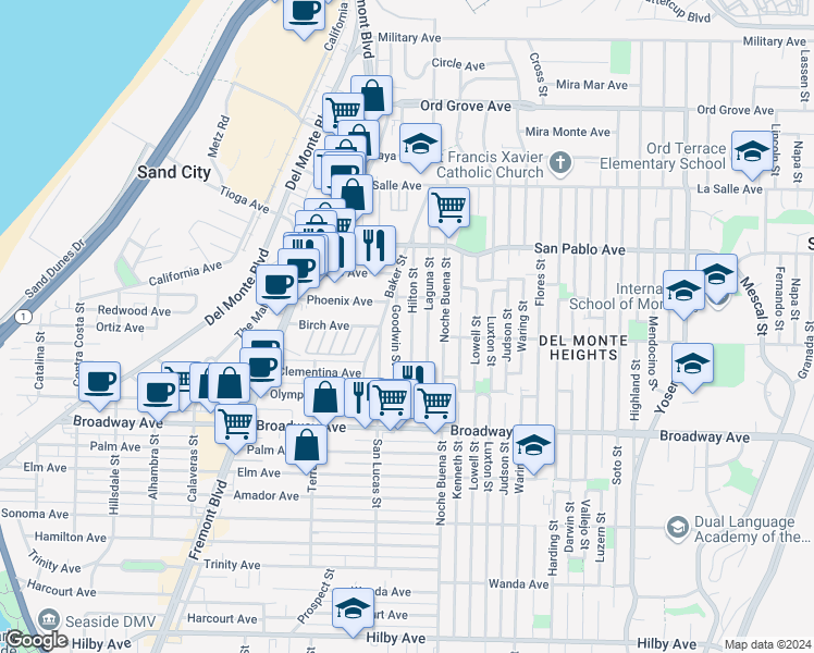 map of restaurants, bars, coffee shops, grocery stores, and more near 1703 Hilton Street in Seaside