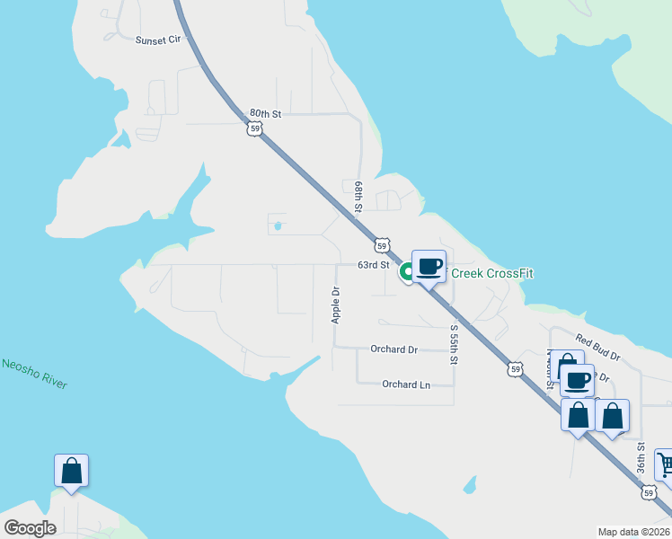 map of restaurants, bars, coffee shops, grocery stores, and more near 820 Apple Drive in Grove