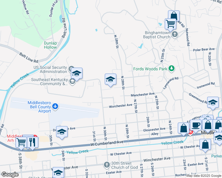 map of restaurants, bars, coffee shops, grocery stores, and more near 1305 Chichester Avenue in Middlesboro
