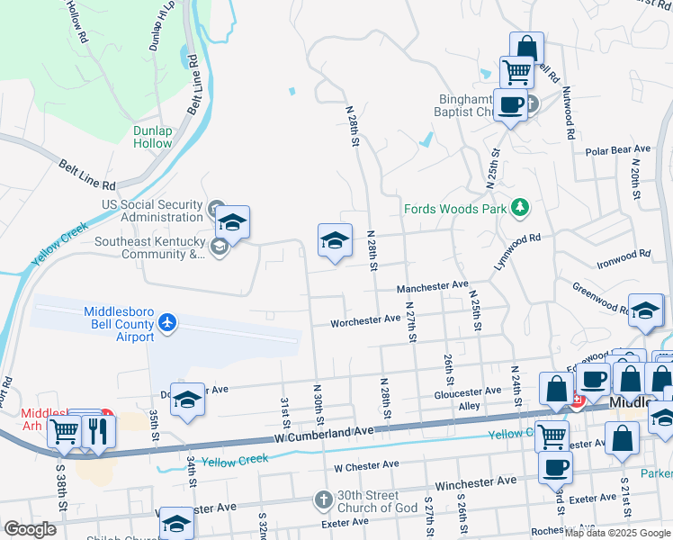 map of restaurants, bars, coffee shops, grocery stores, and more near 1305 Chichester Avenue in Middlesboro