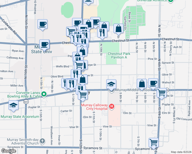 map of restaurants, bars, coffee shops, grocery stores, and more near 1004 Walnut Street in Murray