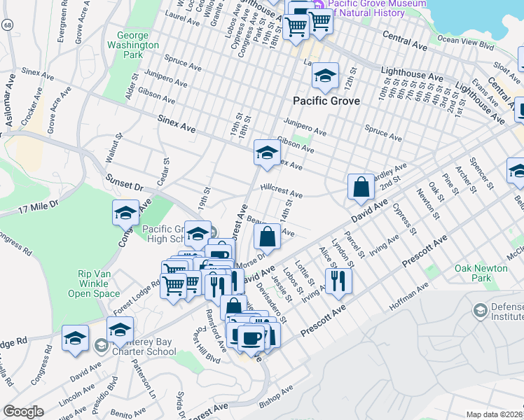 map of restaurants, bars, coffee shops, grocery stores, and more near 518 Beaumont Avenue in Pacific Grove