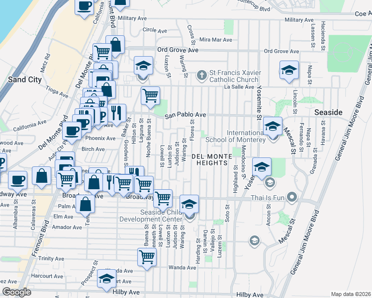map of restaurants, bars, coffee shops, grocery stores, and more near 1714 Waring Street in Seaside