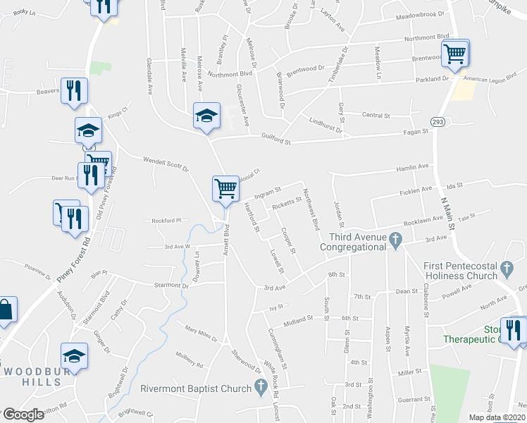 map of restaurants, bars, coffee shops, grocery stores, and more near 115 Parrott Street in Danville