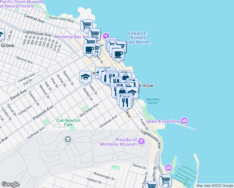 map of restaurants, bars, coffee shops, grocery stores, and more near 484 Lighthouse Avenue in Monterey
